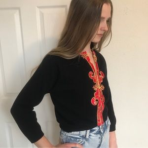 Vintage Asian Sweater, Black Red and Gold, Crop Length, Frog Closures, Japan